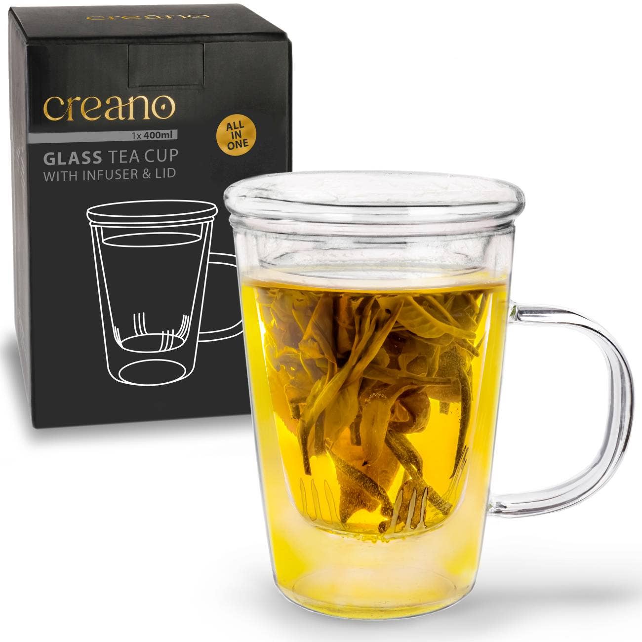 Creano theeglas 400 ml met glazen zeef en deksel