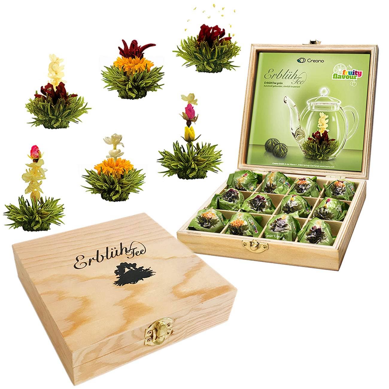 Creano theebloemen geschenkset in houten doos, 12 bloeiende theeballen in 6 varianten, groene thee met fruitige smaken