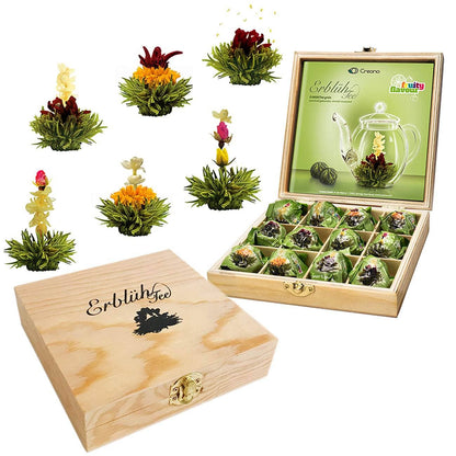 Creano theebloemen geschenkset in houten doos, 12 bloeiende theeballen in 6 varianten, groene thee met fruitige smaken