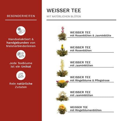 Creano theebloemen cadeau set in houten theedoos, 12 bloeiende theeballen in 6 variaties witte thee
