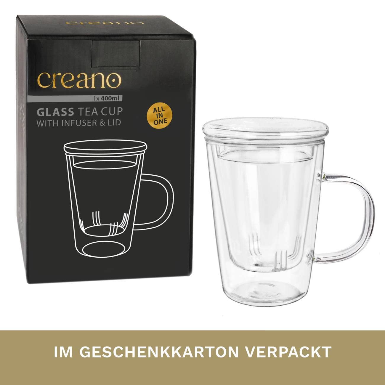 Creano theeglas 400 ml met glazen zeef en deksel