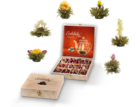 Creano theebloemen cadeau set in houten theedoos, 12 bloeiende theeballen in 6 variaties witte thee