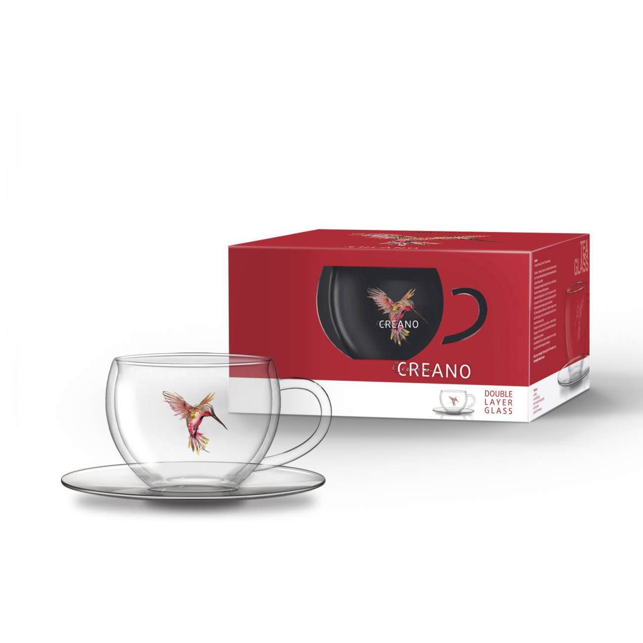 Creano Hummi thermosbeker met onderzetter, kolibripatroon, rood, 250 ml