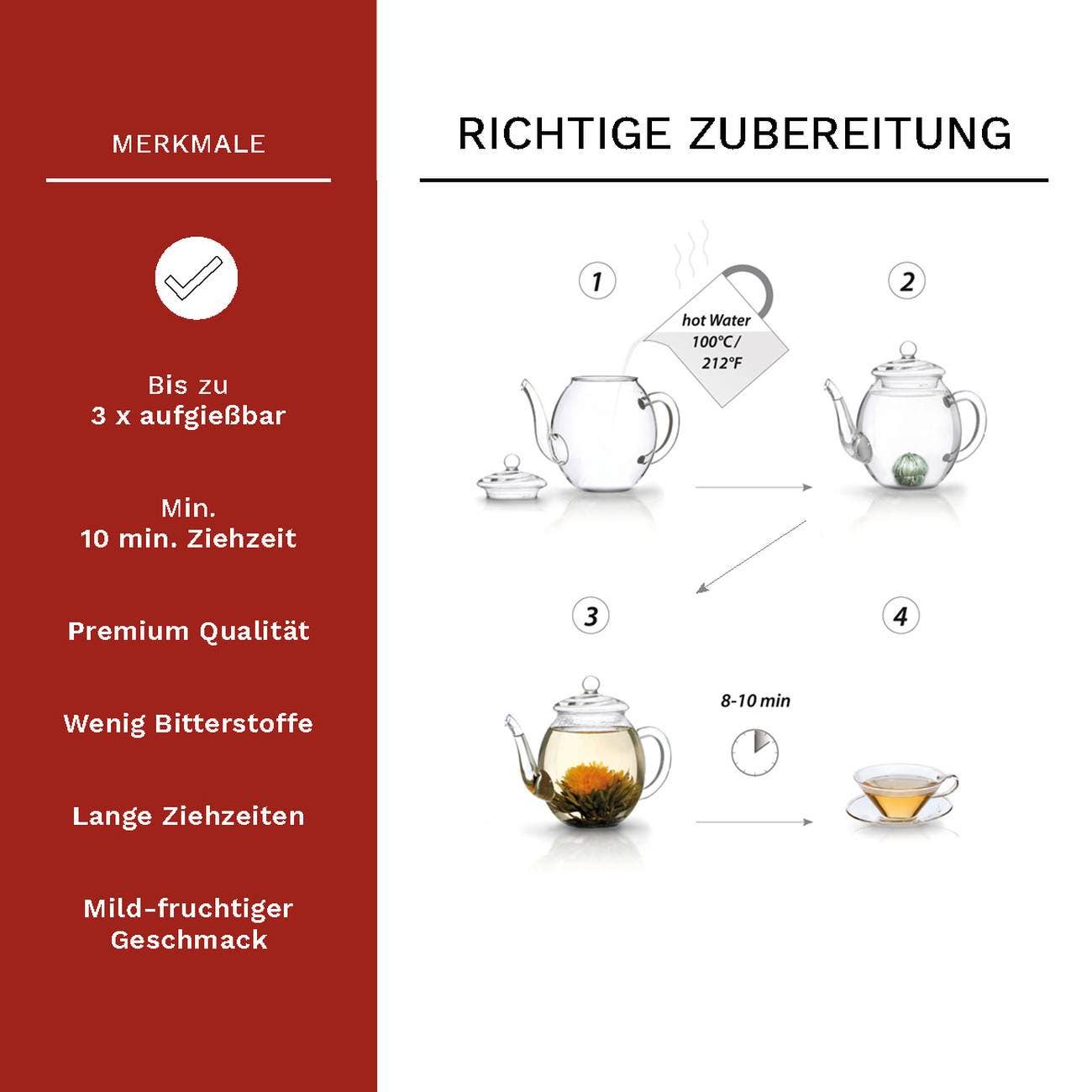 Creano theebloemen cadeau set in houten theedoos, 12 bloeiende theeballen in 6 variaties witte thee