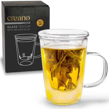 Creano theeglas 400 ml met glazen zeef en deksel