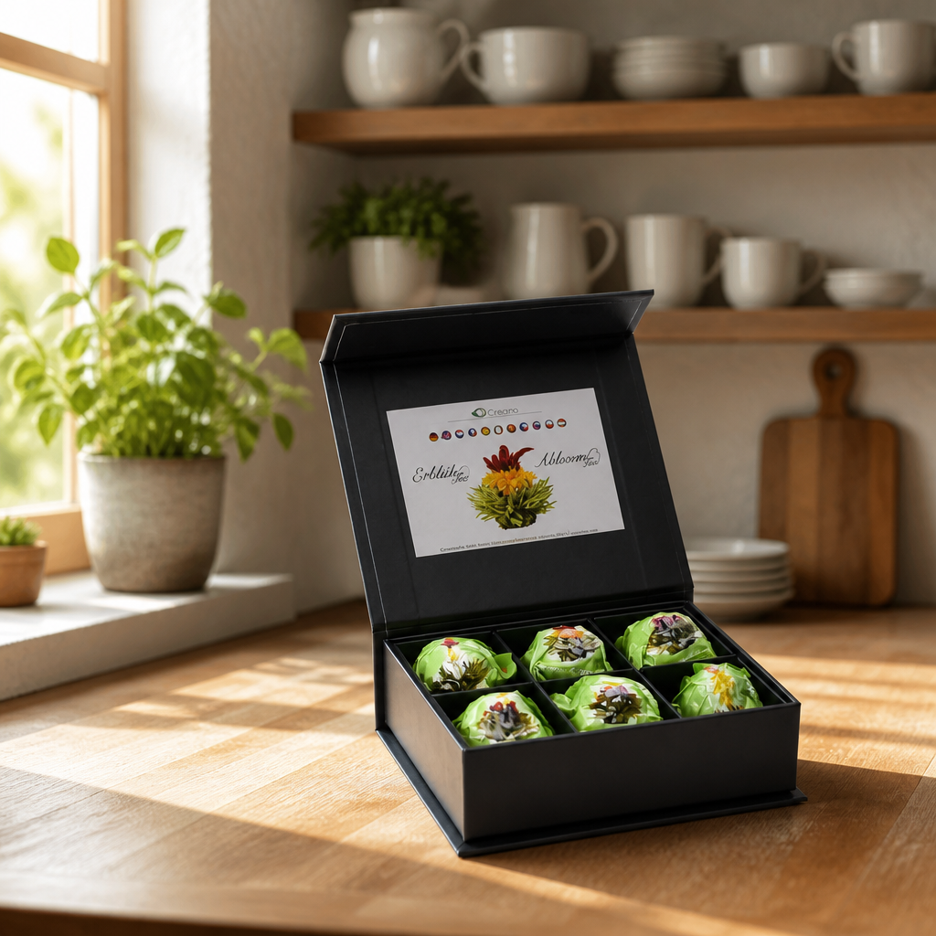 Magnetische doos met 6 bloemende groene theeballen
