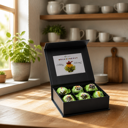 Magnetische doos met 6 bloemende groene theeballen