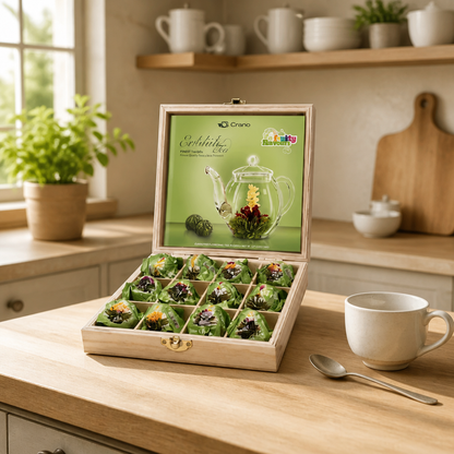 Creano theebloemen geschenkset in houten doos, 12 bloeiende theeballen in 6 varianten, groene thee met fruitige smaken