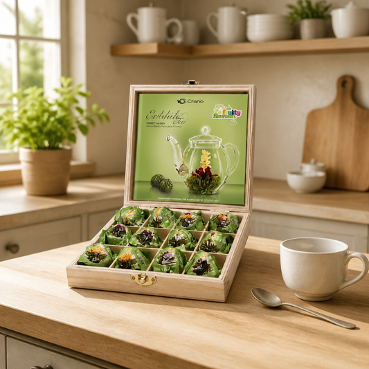 Creano theebloemen geschenkset in houten doos, 12 bloeiende theeballen in 6 varianten, groene thee met fruitige smaken
