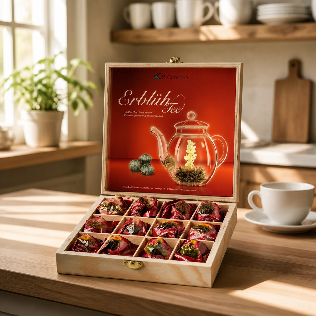 Creano theebloemen cadeau set in houten theedoos, 12 bloeiende theeballen in 6 variaties witte thee