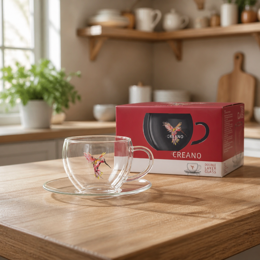 Creano Hummi thermosbeker met onderzetter, kolibripatroon, rood, 250 ml