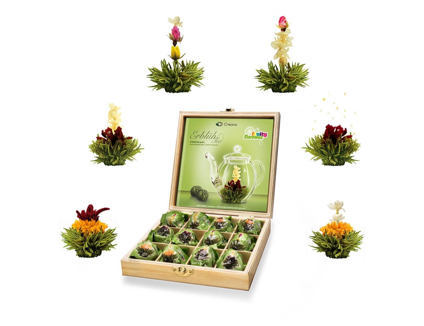 Creano theebloemen geschenkset in houten doos, 12 bloeiende theeballen in 6 varianten, groene thee met fruitige smaken