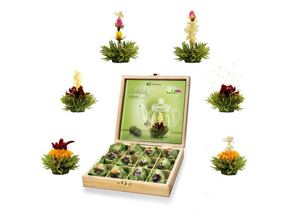 Creano theebloemen geschenkset in houten doos, 12 bloeiende theeballen in 6 varianten, groene thee met fruitige smaken