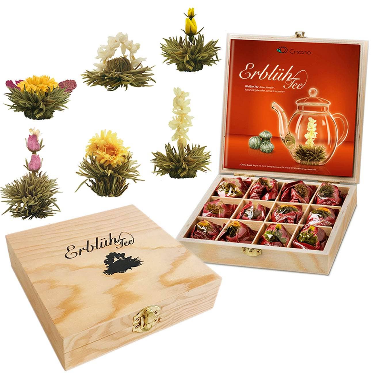 Creano theebloemen cadeau set in houten theedoos, 12 bloeiende theeballen in 6 variaties witte thee