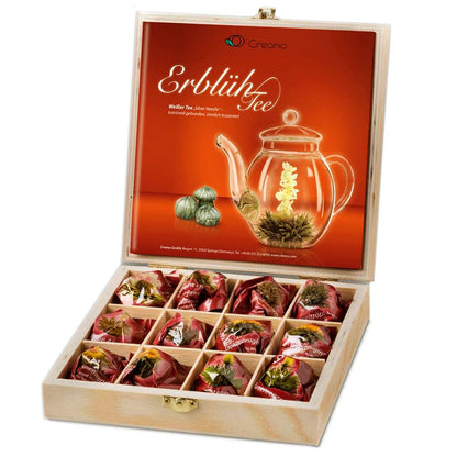 Creano theebloemen cadeau set in houten theedoos, 12 bloeiende theeballen in 6 variaties witte thee