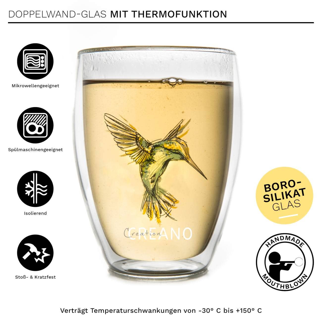 Creano thermoglas 'Hummi' blauw, dubbelwandig, 250 ml