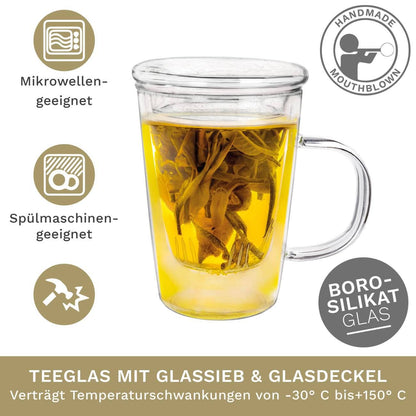 Creano theeglas 400 ml met glazen zeef en deksel